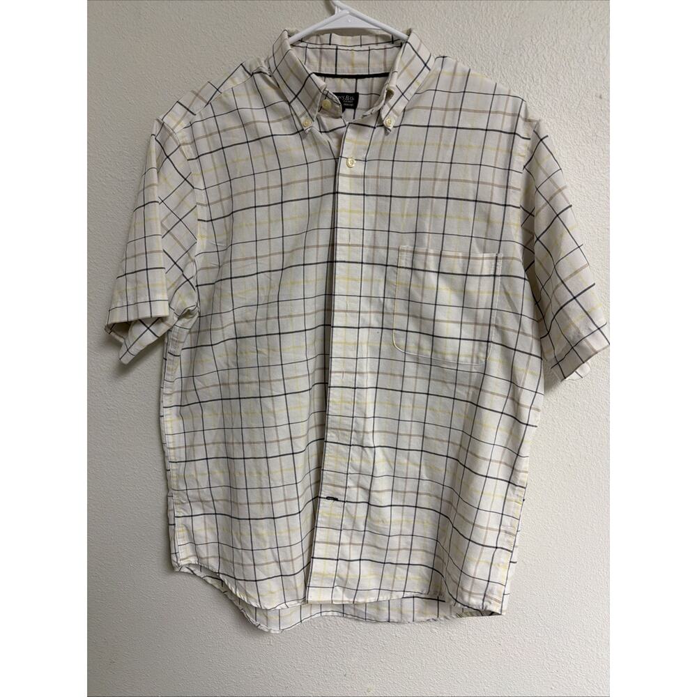 St Johns Bay Mens Shirt Size M Yellow Plaid Button Front Short Sleeve Collar
